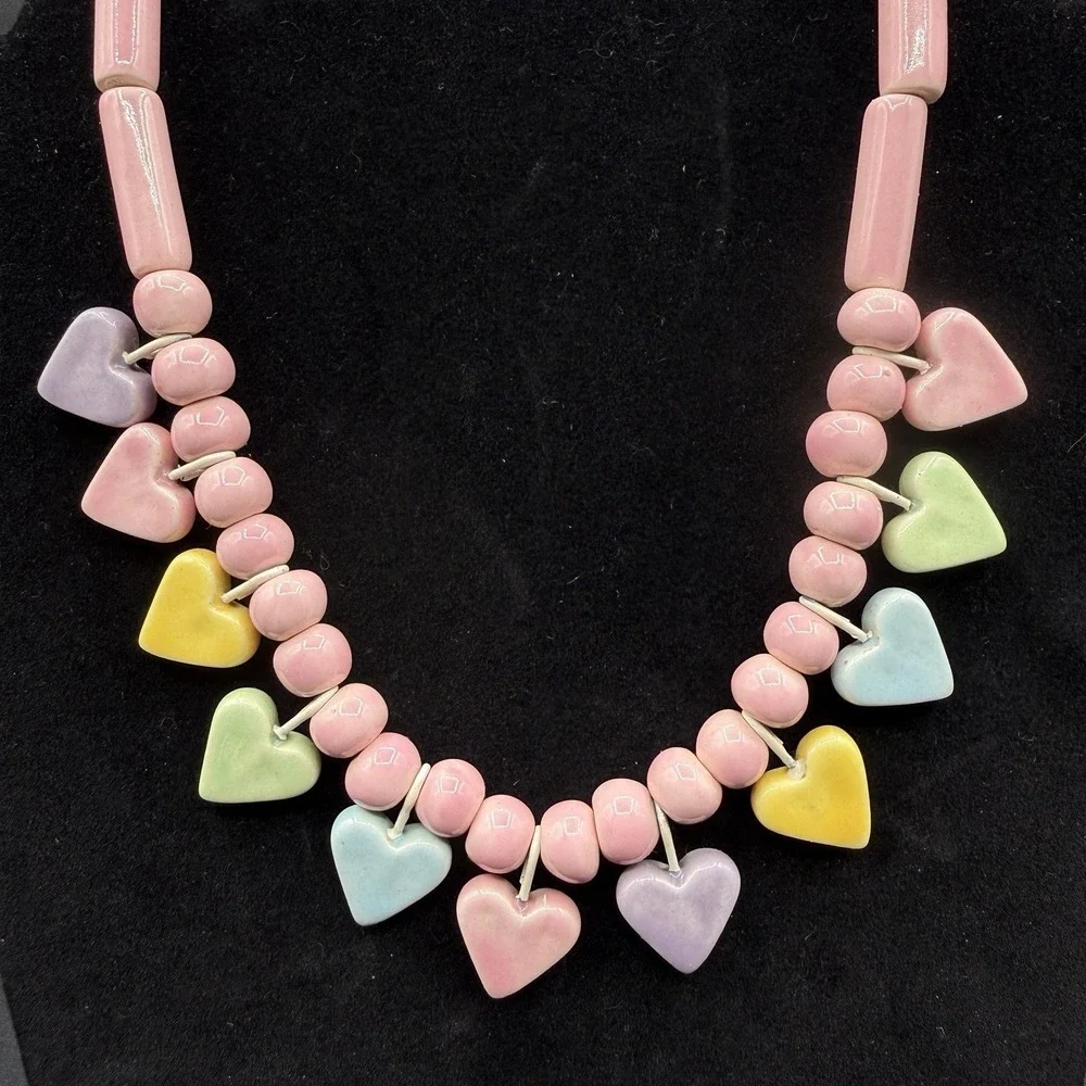 Vtg. Flying Colors Hand Painted Ceramic Pastel Heart‎  Necklace Candy Valentines